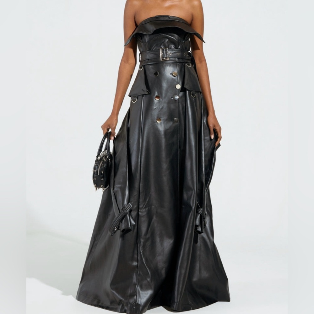 NWT AKIRA strapless black faux leather trench dress size M/L